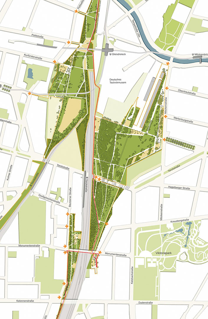 Gesamtplan der Parkanlage mit Yorckbrücken und Radweg im August 2013